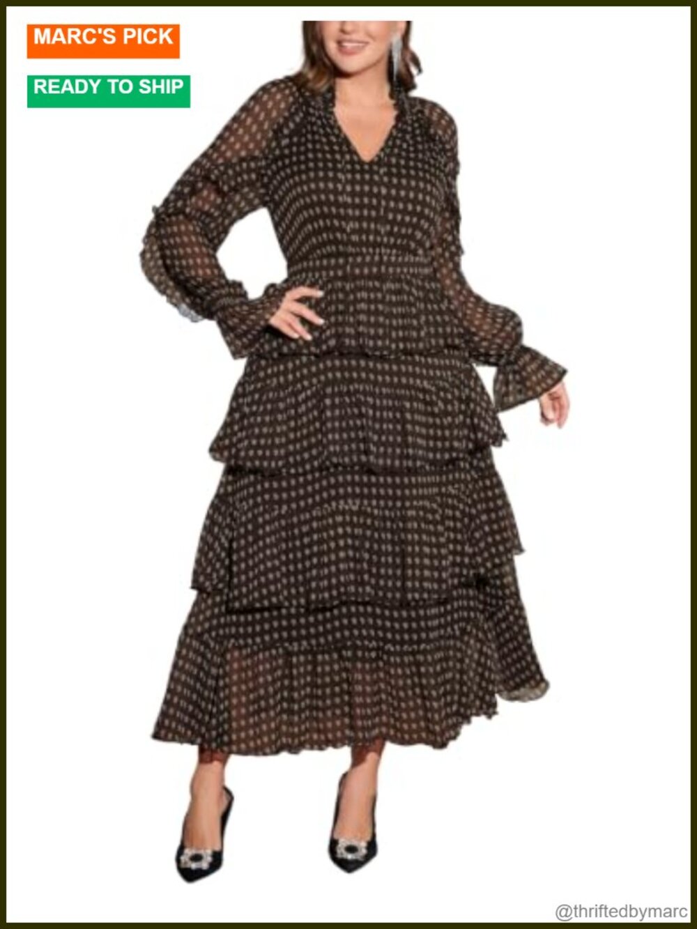 Plus Size Tiered Ruffle Chiffon with Gold Thread Formal Dress